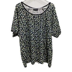 Maggie Barnes Womens Ruffle Top Size 1X Black Green Splatter Print Short Sleeve